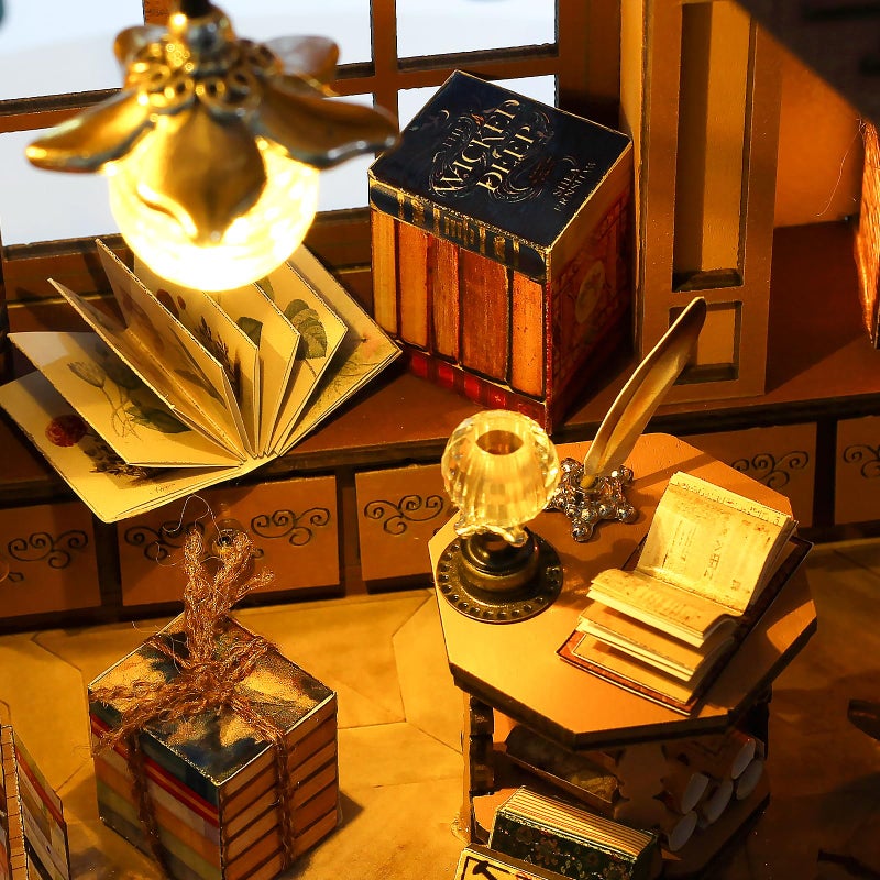Quanquer Miniature House Kit: Magic Book Store Book Nook with Furniture and LED Light - DIY Kits for Adults - Wooden Doll House - Great Handmade Craft Model Kits - Tiny House Decor Ideal Gifts - Image 4